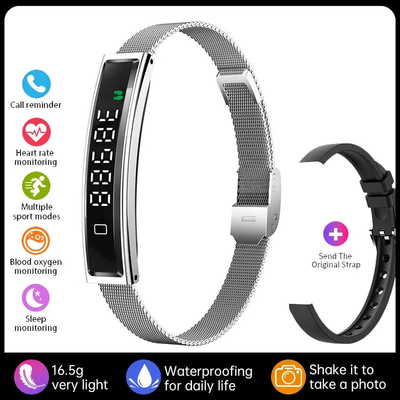 Actyraxer Tracker Bracelet with metal mesh band and additional black band, featuring various health monitoring functions on a white background.