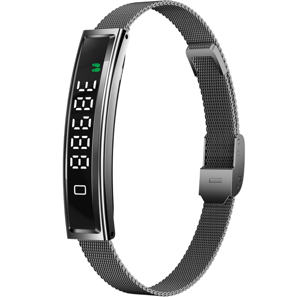 A slim rectangular Actyraxer Tracker Bracelet with a black digital display and a dark gray metallic mesh loop, shown on a plain white background.