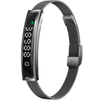 A slim rectangular Actyraxer Tracker Bracelet with a black digital display and a dark gray metallic mesh loop, shown on a plain white background.