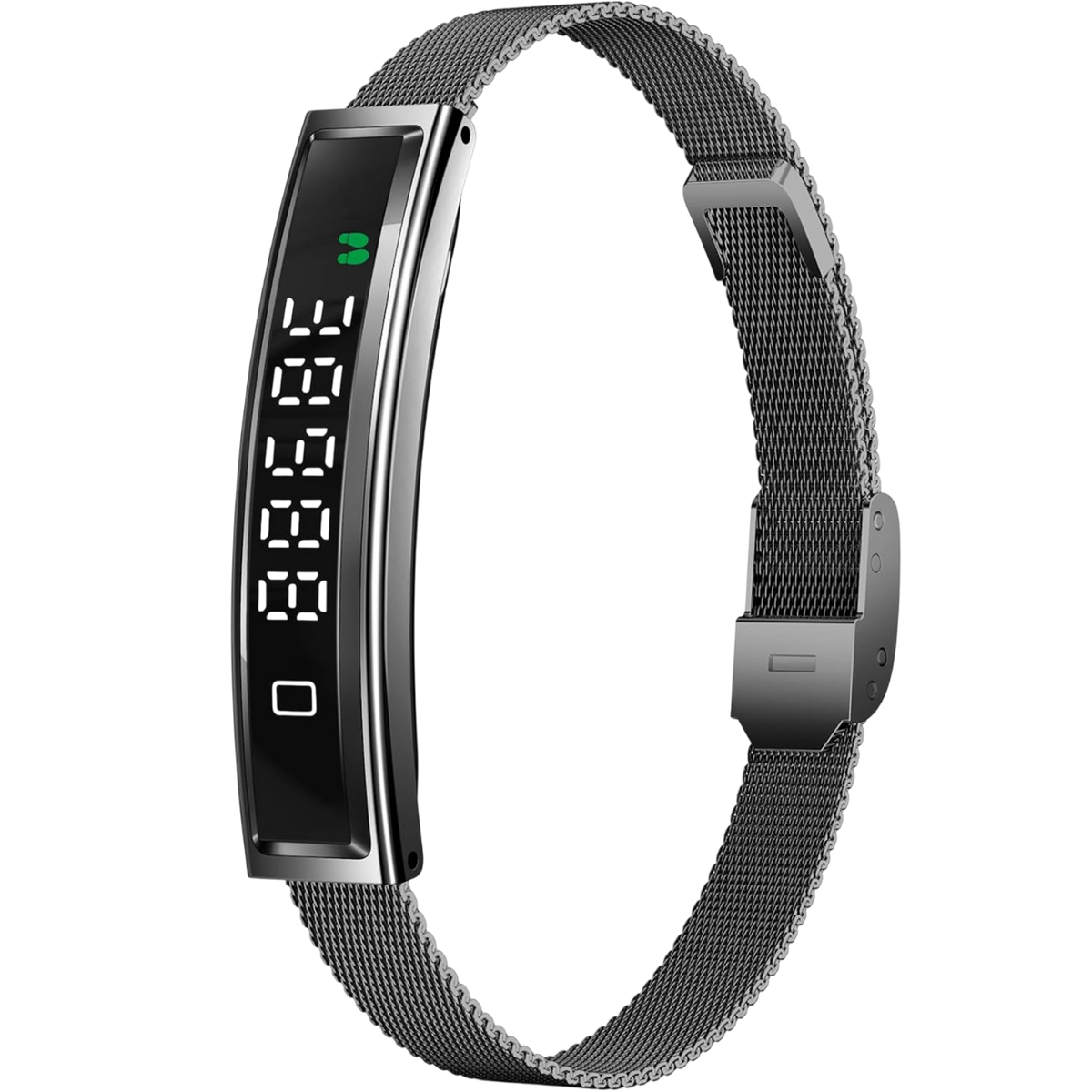A slim rectangular Actyraxer Tracker Bracelet with a black digital display and a dark gray metallic mesh loop, shown on a plain white background.