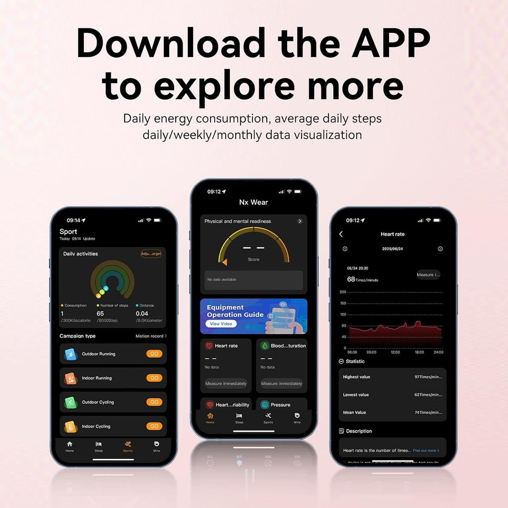 Three smartphones display a fitness tracking app interface on a pale pink background with large text reading 'Download the APP to explore more' and smaller descriptive copy about energy consumption, steps, and data visualization.