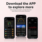 Three smartphones display a fitness tracking app interface on a pale pink background with large text reading 'Download the APP to explore more' and smaller descriptive copy about energy consumption, steps, and data visualization.