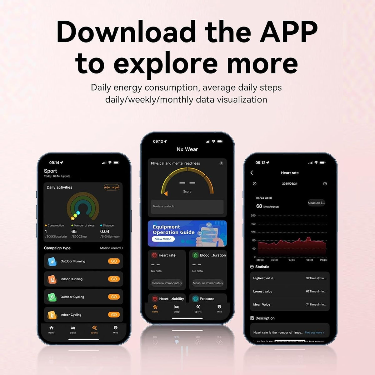 Three smartphones display a fitness tracking app interface on a pale pink background with large text reading 'Download the APP to explore more' and smaller descriptive copy about energy consumption, steps, and data visualization.