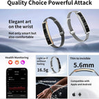 Promotional graphic for a Actyraxer Tracker Bracelet, showing two band styles on a blue icy background, plus feature callouts including health monitoring, light-as-if-thin design, 5.6mm thickness, and compatibility with Apple and Android.
