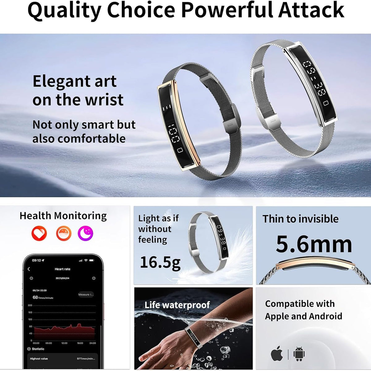 Promotional graphic for a Actyraxer Tracker Bracelet, showing two band styles on a blue icy background, plus feature callouts including health monitoring, light-as-if-thin design, 5.6mm thickness, and compatibility with Apple and Android.