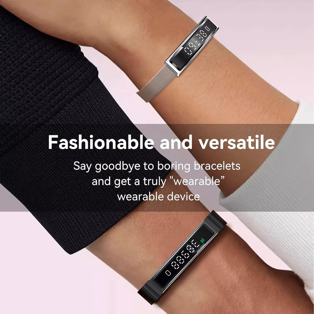 Actyraxer Tracker Bracelet on a wrist with text highlighting its fashionability and versatility.