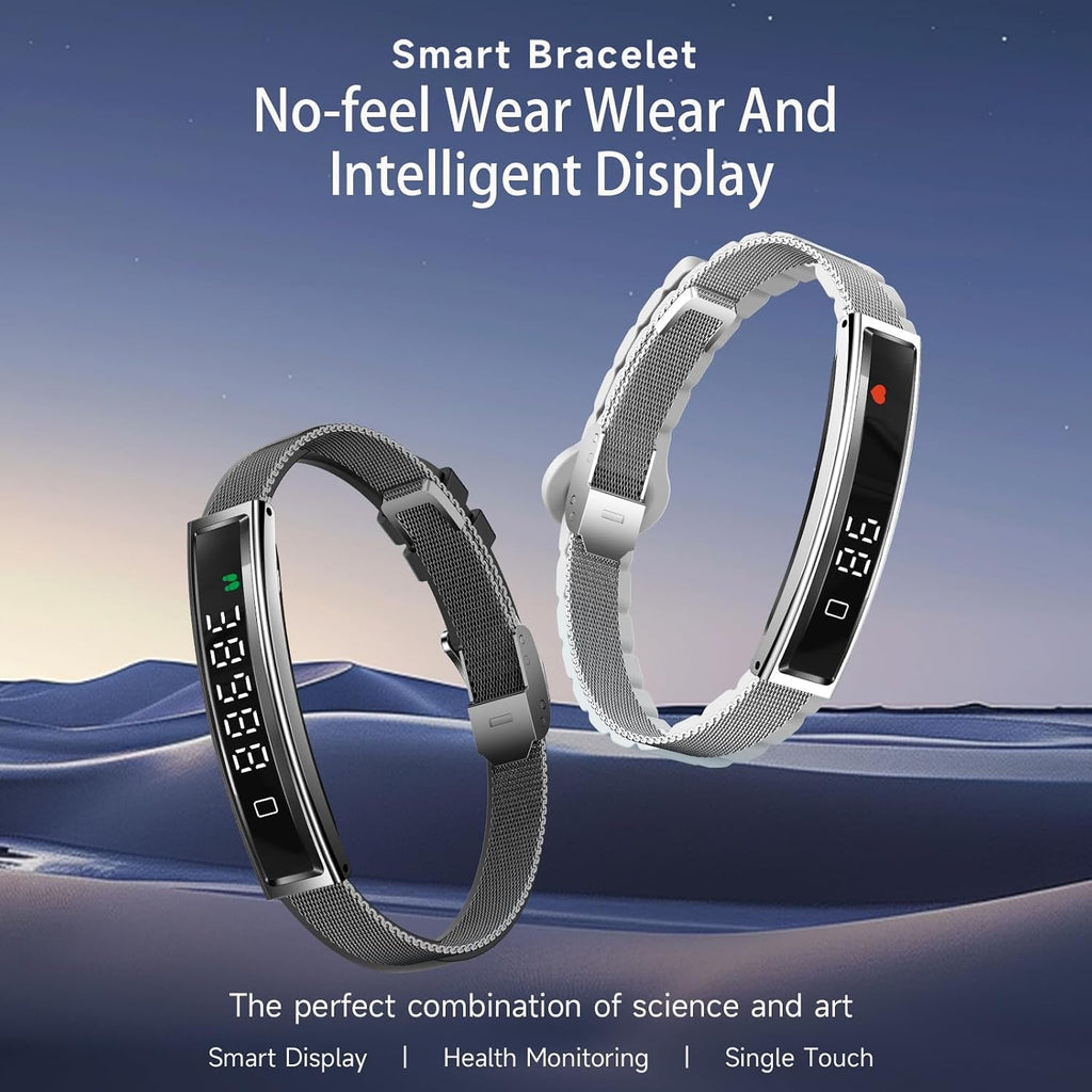 Two Actyraxer Tracker Bracelet with rectangular digital displays and mesh bands are shown against a stylized blue sky and dune background. One bracelet has a dark gray band and the other has a silver metallic band.