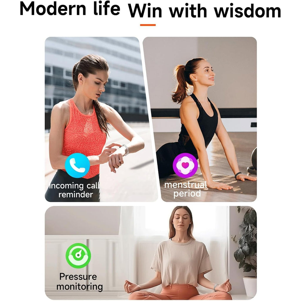 Promotional graphic with the headline 'Modern life Win with wisdom' above three inset lifestyle photos showing a woman using a Actyraxer Tracker Bracelet reminder in an outdoor setting, stretching indoors, and meditating while the watch displays notifications for incoming call reminder, menstrual period, and pressure monitoring.