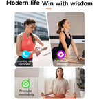 Promotional graphic with the headline 'Modern life Win with wisdom' above three inset lifestyle photos showing a woman using a Actyraxer Tracker Bracelet reminder in an outdoor setting, stretching indoors, and meditating while the watch displays notifications for incoming call reminder, menstrual period, and pressure monitoring.
