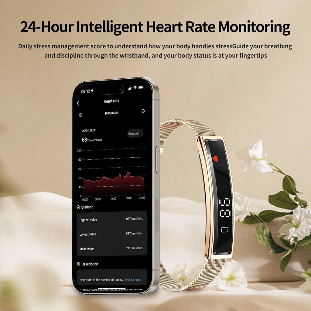 A Actyraxer Tracker Bracelet with a metallic mesh strap and rectangular display is shown beside a smartphone displaying a heart rate app. The scene is styled on a soft beige fabric with white flowers, with headline text at the top reading '24-Hour Intelligent Heart Rate Monitoring.