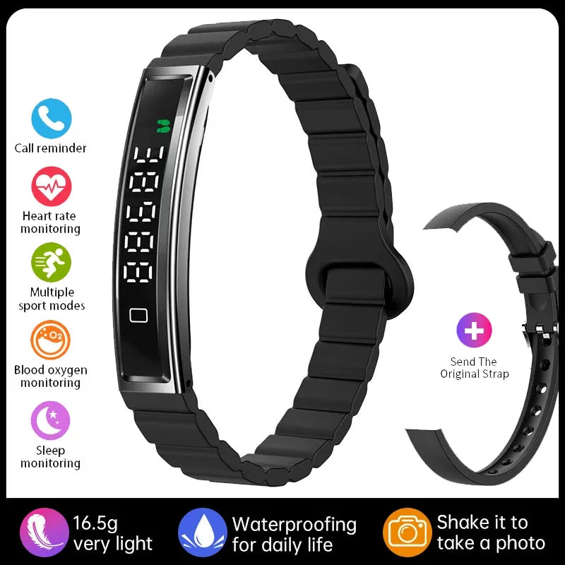 Black Actyraxer Tracker Bracelet with digital display and additional strap on a white background