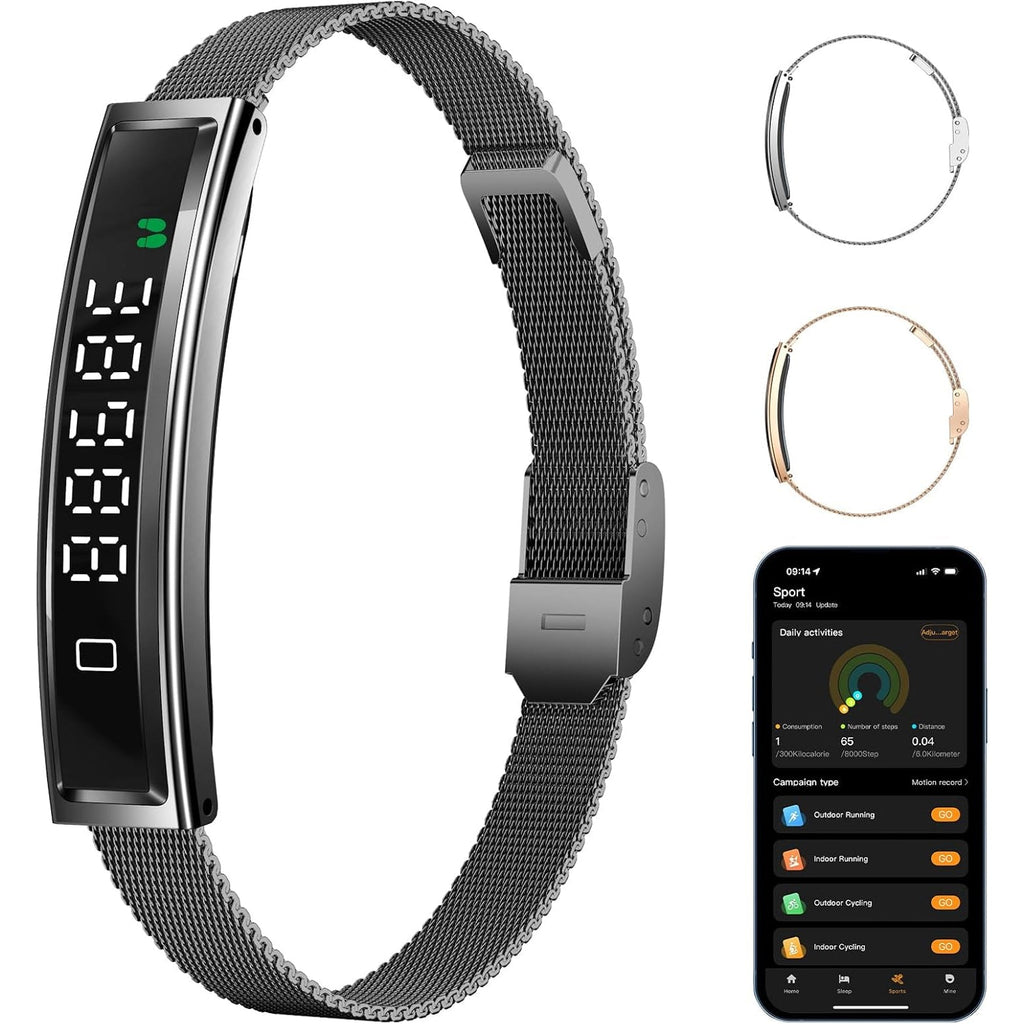 A smart fitness Actyraxer Tracker Bracelet with a dark gray metallic mesh loop band, shown alongside two smaller views of the watch in silver and rose gold, and a smartphone displaying a companion app.