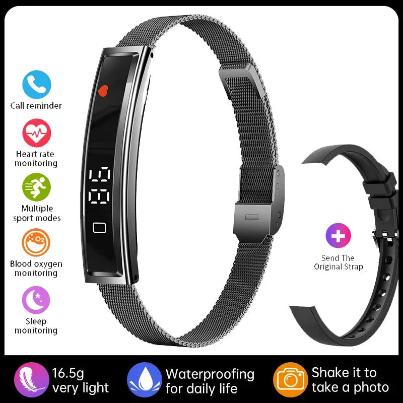 Actyraxer Tracker Bracelet with black mesh band and feature icons on a white background