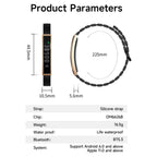 Product parameters diagram for a Actyraxer Tracker Bracelet with a black silicone strap and gold-toned case, showing front and side views with dimensions, plus a spec table listing strap, chip, weight, water resistance, Bluetooth version, and compatibility.