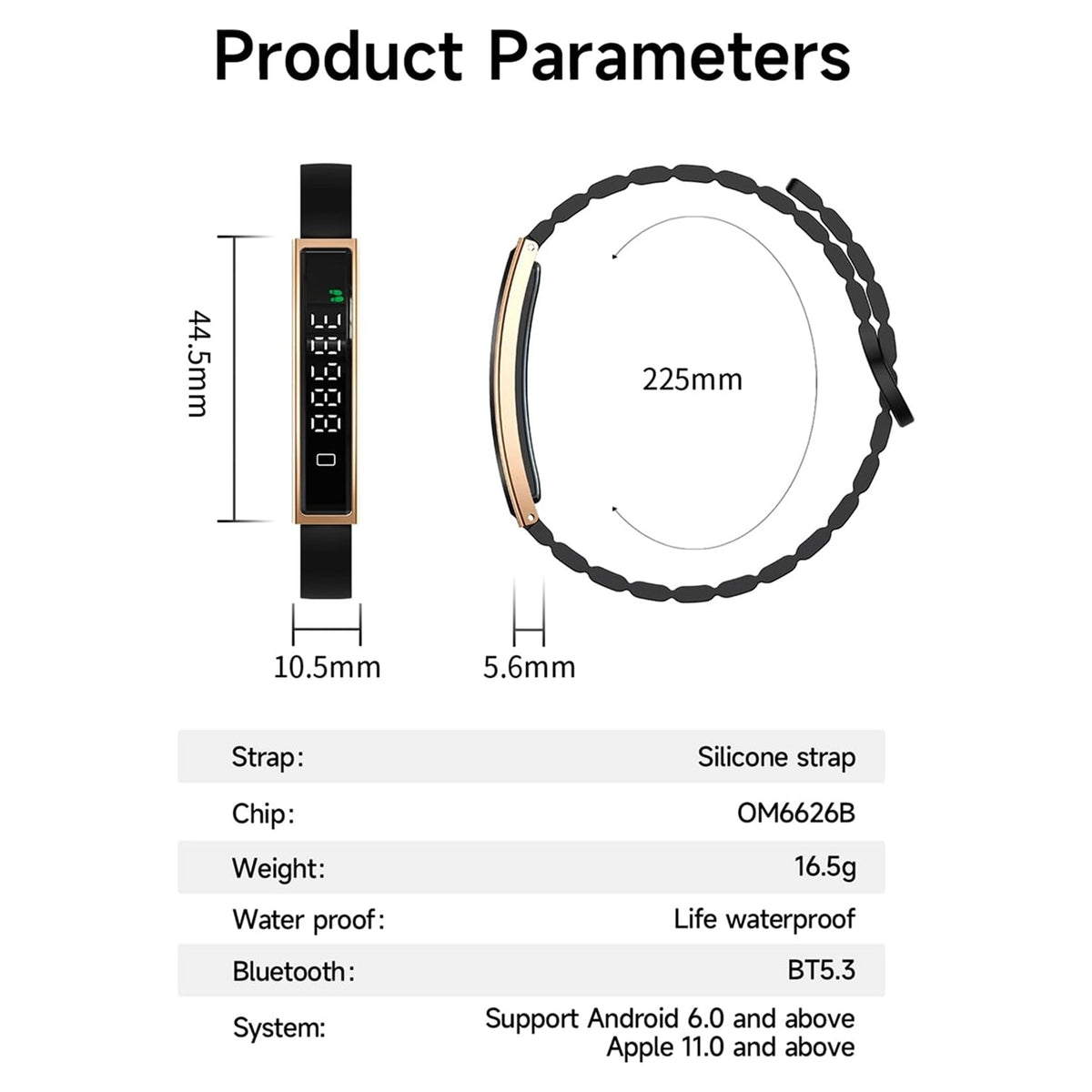 Product parameters diagram for a Actyraxer Tracker Bracelet with a black silicone strap and gold-toned case, showing front and side views with dimensions, plus a spec table listing strap, chip, weight, water resistance, Bluetooth version, and compatibility.
