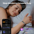 A woman sleeping peacefully on a white pillow, wearing a smart sleep Actyraxer Tracker Bracelet on her wrist. The image includes a smartphone displaying the sleep tracking app and text highlighting complete sleep monitoring and sleep stage analysis.