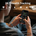 Person using a smartphone with health tracking app and Actyraxer Tracker Bracelet, emphasizing 24/7 health tracking features.
