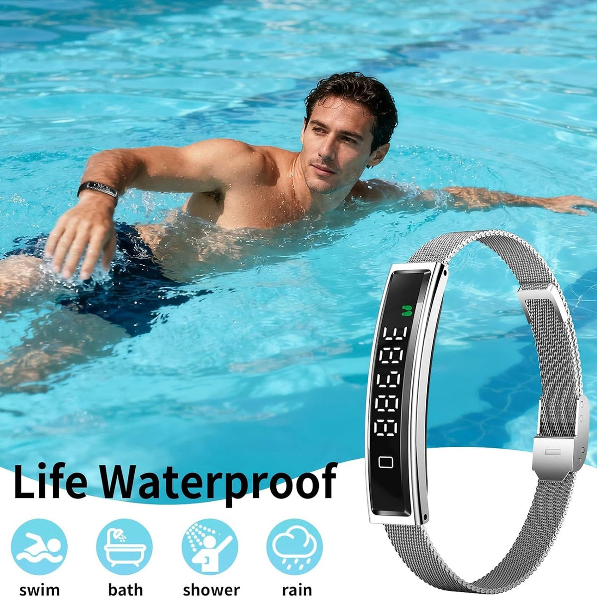 A man swimming in a pool wearing a black Actyraxer Tracker Bracelet with a silver mesh band, alongside a larger close-up of the watch. Text reads 'Life Waterproof' with icons for swim, bath, shower, and rain.