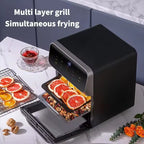 Multilayer AeriBlaz Air Fryer with food being cooked, placed on a table with a cup of tea and oranges.