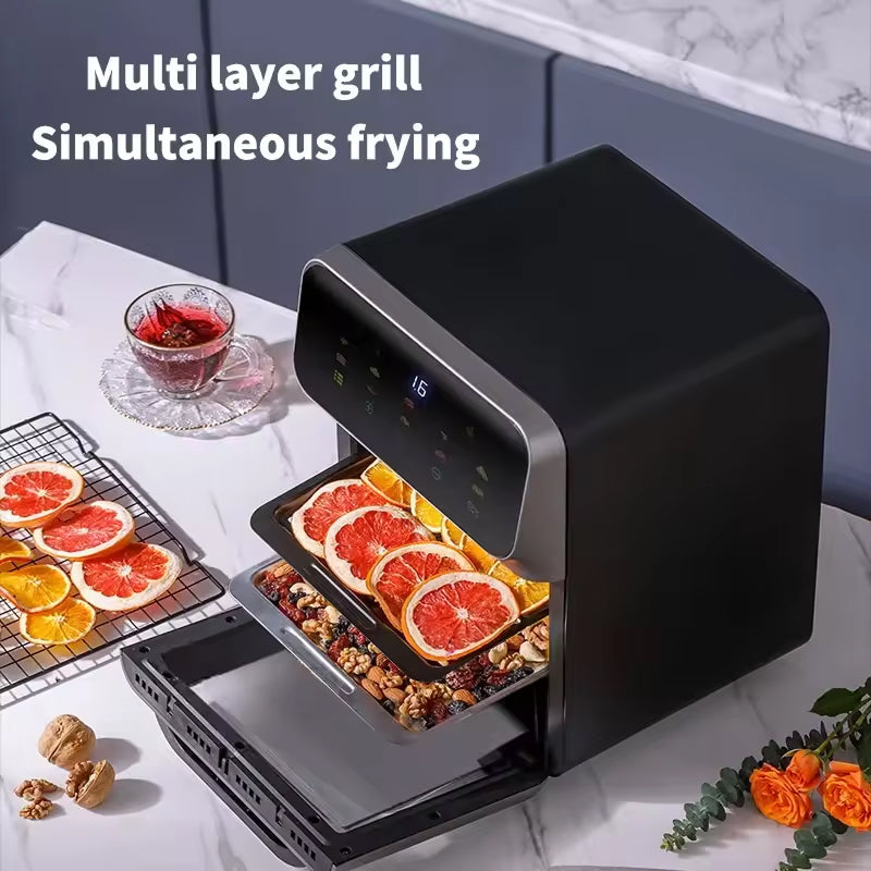 Multilayer AeriBlaz Air Fryer with food being cooked, placed on a table with a cup of tea and oranges.