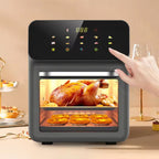 AeriBlaz Air Fryer with a roasted chicken inside, set against a neutral background showing all functions