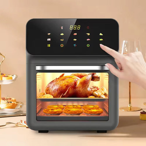 AeriBlaz Air Fryer with a roasted chicken inside, set against a neutral background showing all functions