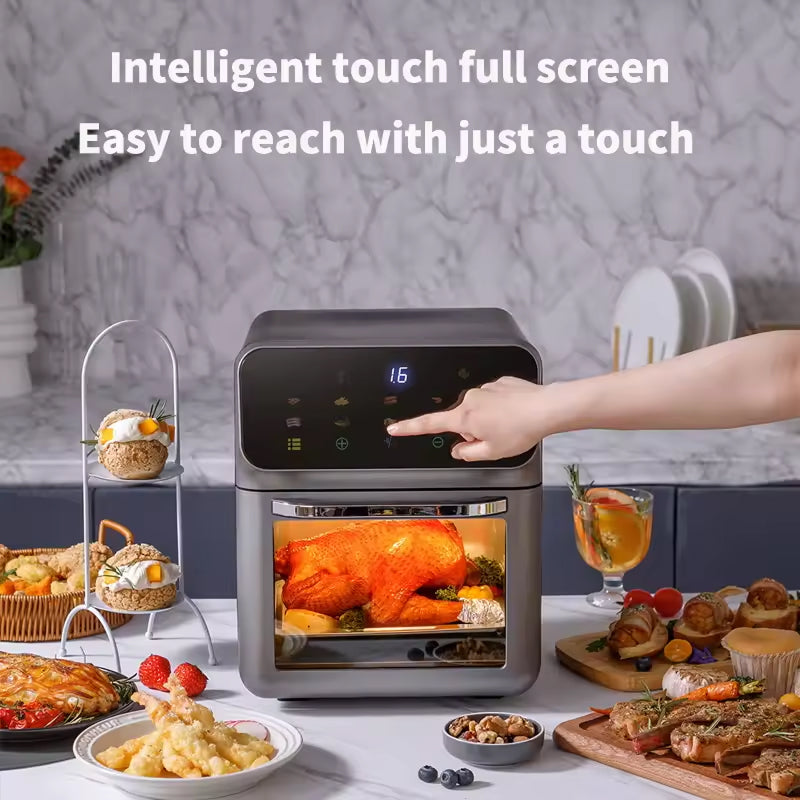 AeriBlaz Air Fryer with a touch screen interface in a kitchen setting, displaying a roasted chicken.