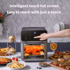 AeriBlaz Air Fryer with a touch screen interface in a kitchen setting, displaying a roasted chicken.