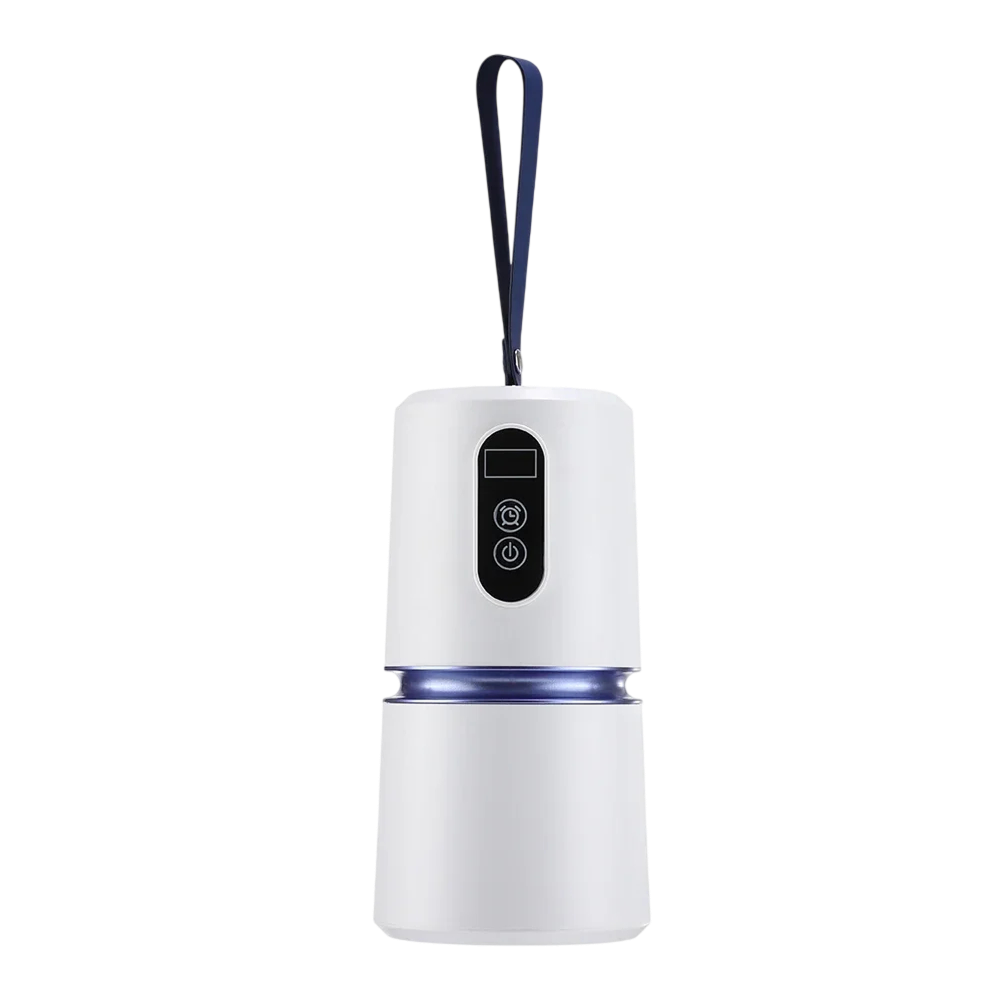 A AeroDray Portable Clothes Dryer white camping lantern with a navy blue carrying strap, featuring a digital display and three control buttons on the front, set against a plain white background.