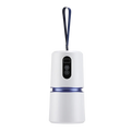 A AeroDray Portable Clothes Dryer white camping lantern with a navy blue carrying strap, featuring a digital display and three control buttons on the front, set against a plain white background.