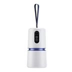 A AeroDray Portable Clothes Dryer white camping lantern with a navy blue carrying strap, featuring a digital display and three control buttons on the front, set against a plain white background.