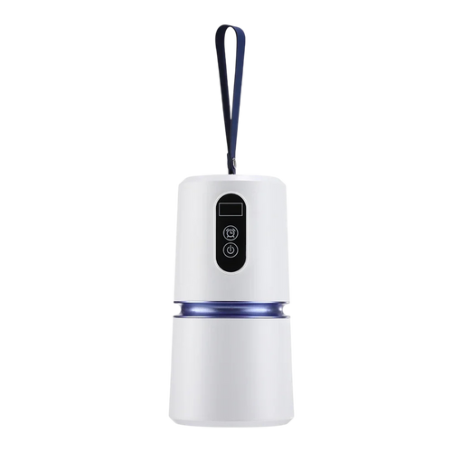 A AeroDray Portable Clothes Dryer white camping lantern with a navy blue carrying strap, featuring a digital display and three control buttons on the front, set against a plain white background.