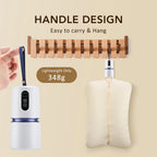 A AeroDray Portable Clothes Dryer shown in two views on a beige background with marketing text. On the left, a hand holds the white and blue handheld unit.