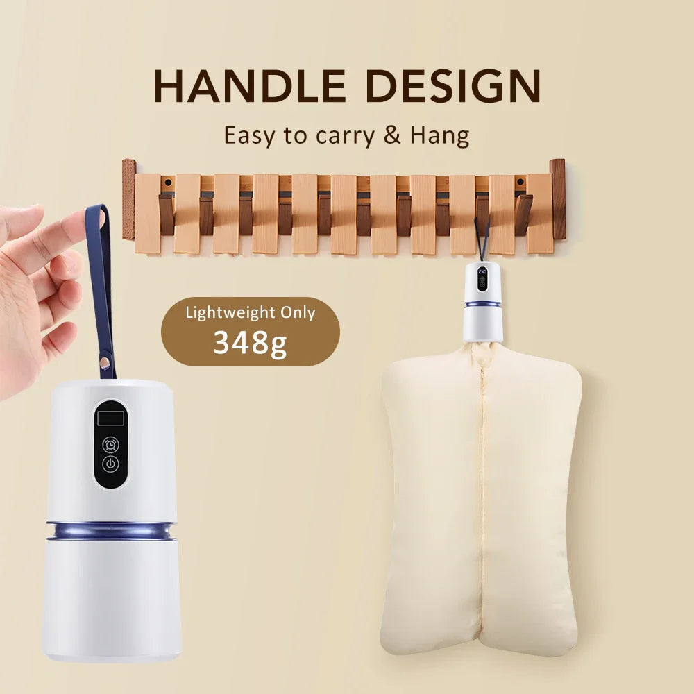 A AeroDray Portable Clothes Dryer shown in two views on a beige background with marketing text. On the left, a hand holds the white and blue handheld unit.