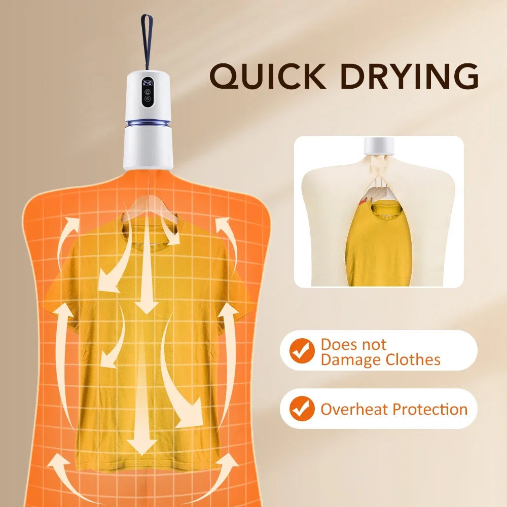 AeroDray Portable Clothes Dryer on a mannequin with text highlighting features