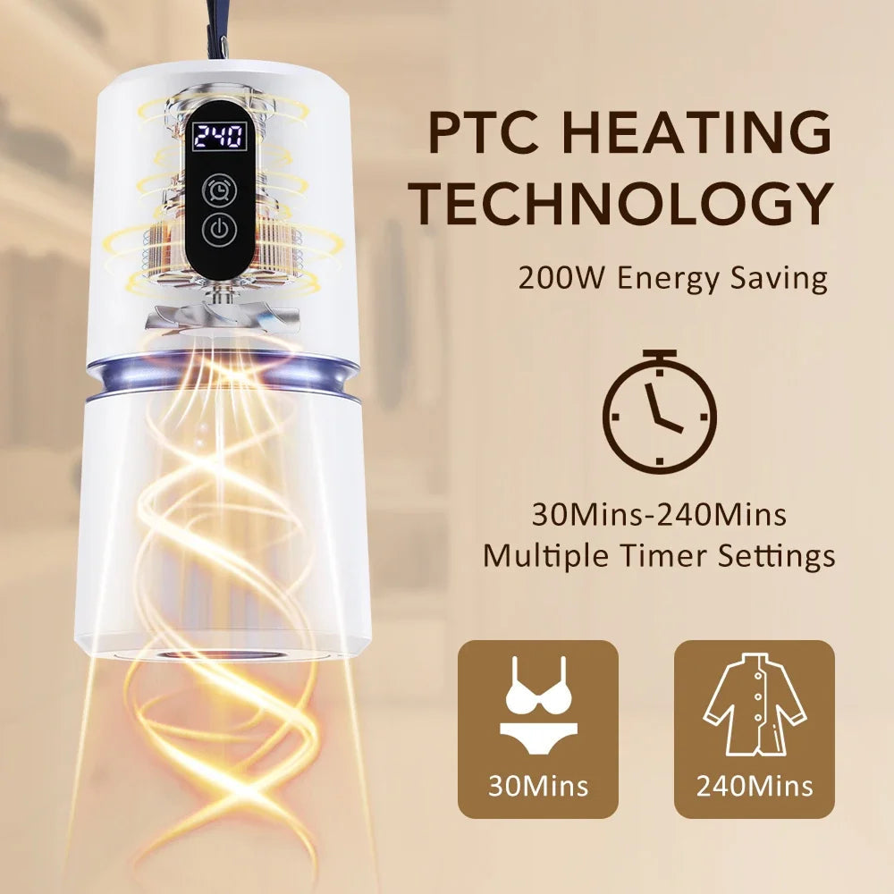 PTC heating technology AeroDray Portable Clothes Dryer with energy saving features and timer settings on a beige background