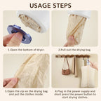 Step-by-step guide on using a AeroDray Portable Clothes Dryer with a drying bag, showing hands performing actions.