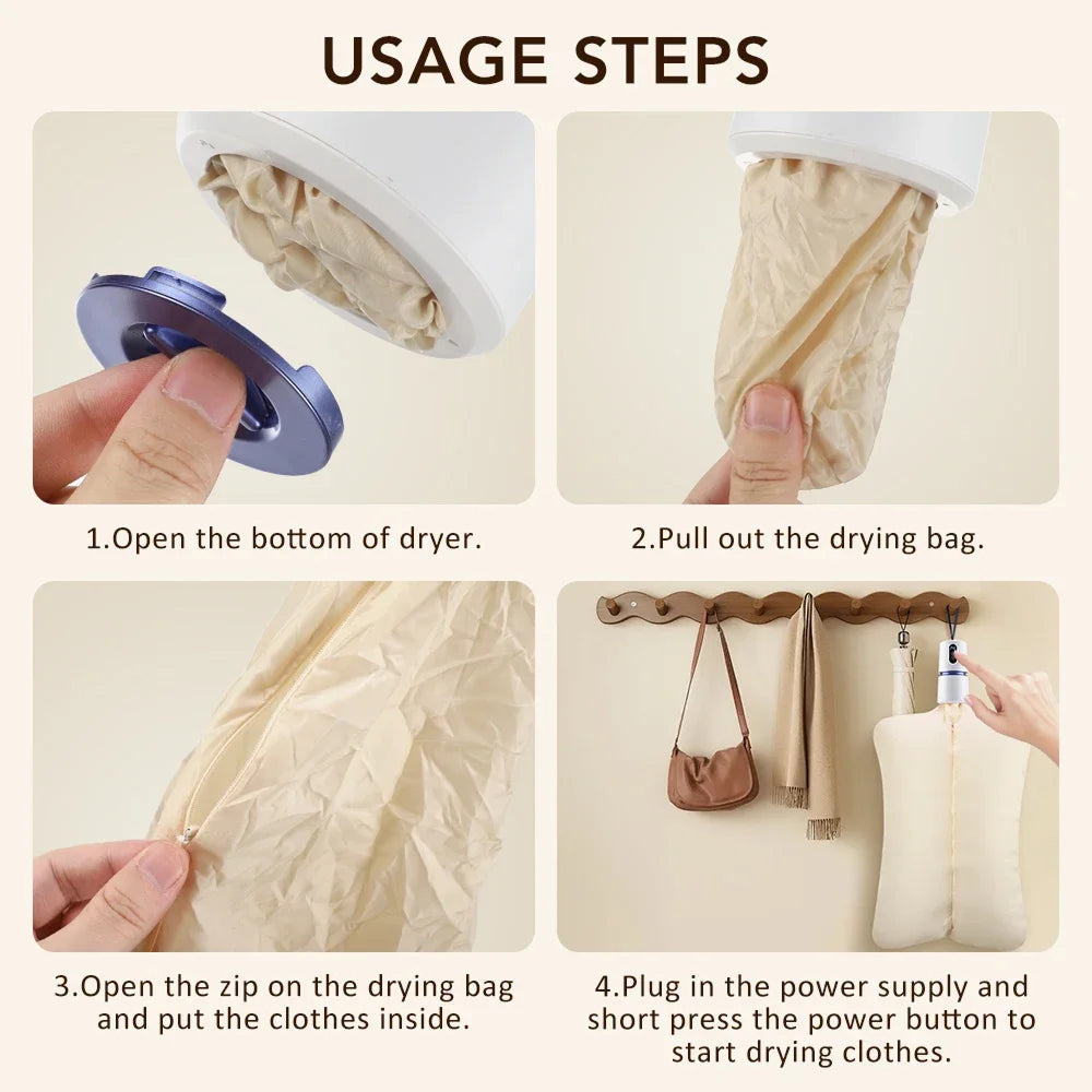 Step-by-step guide on using a AeroDray Portable Clothes Dryer with a drying bag, showing hands performing actions.