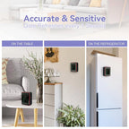 Airnovad  on a table, wall, and refrigerator with text about accuracy and sensitivity.