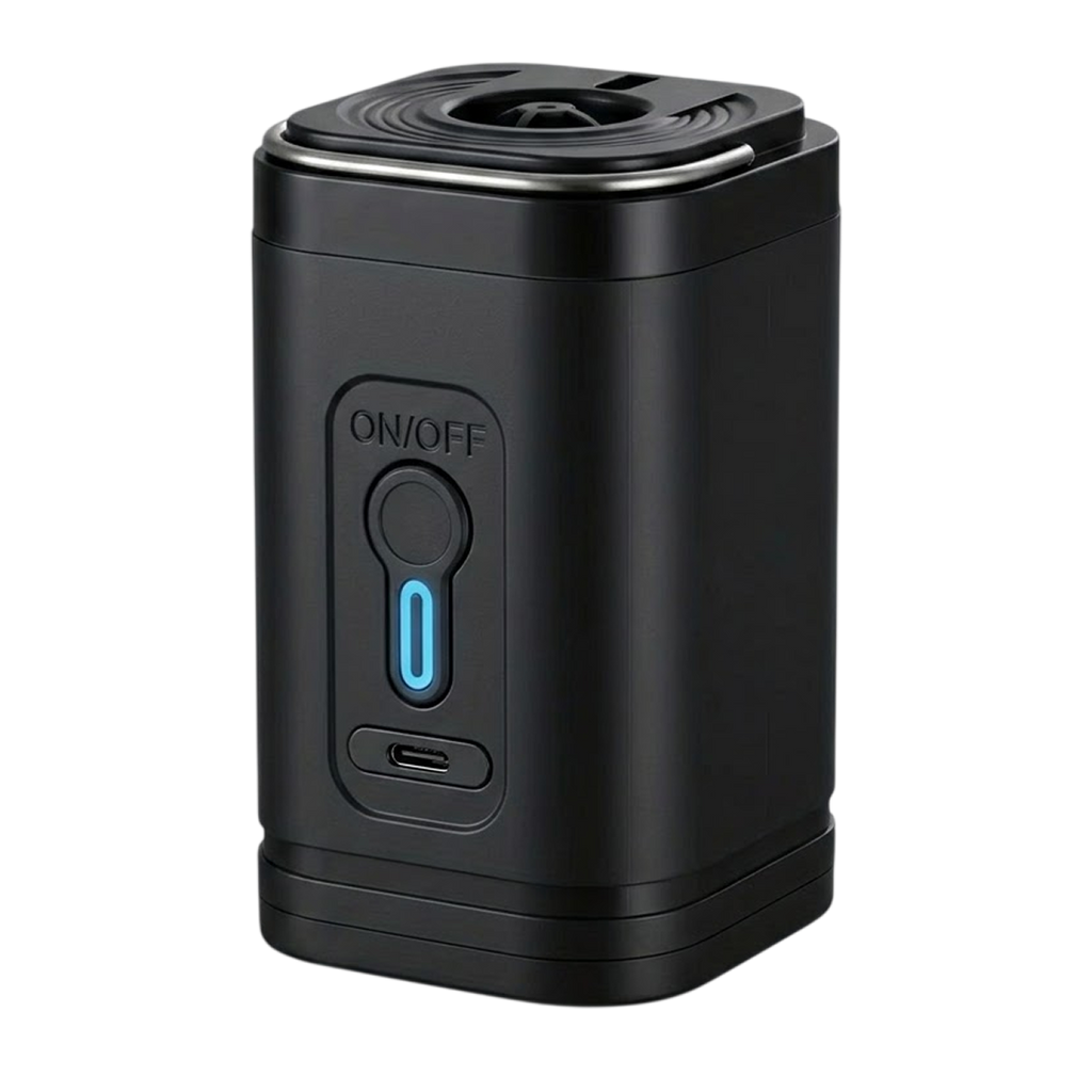 A black AiroFilli Ultra-Compact 3-in-1 Air Pumpwith a top opening, featuring a front button with a blue illuminated indicator and a USB-C port, shown on a plain white background.
