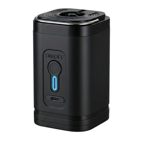 A black AiroFilli Ultra-Compact 3-in-1 Air Pumpwith a top opening, featuring a front button with a blue illuminated indicator and a USB-C port, shown on a plain white background.