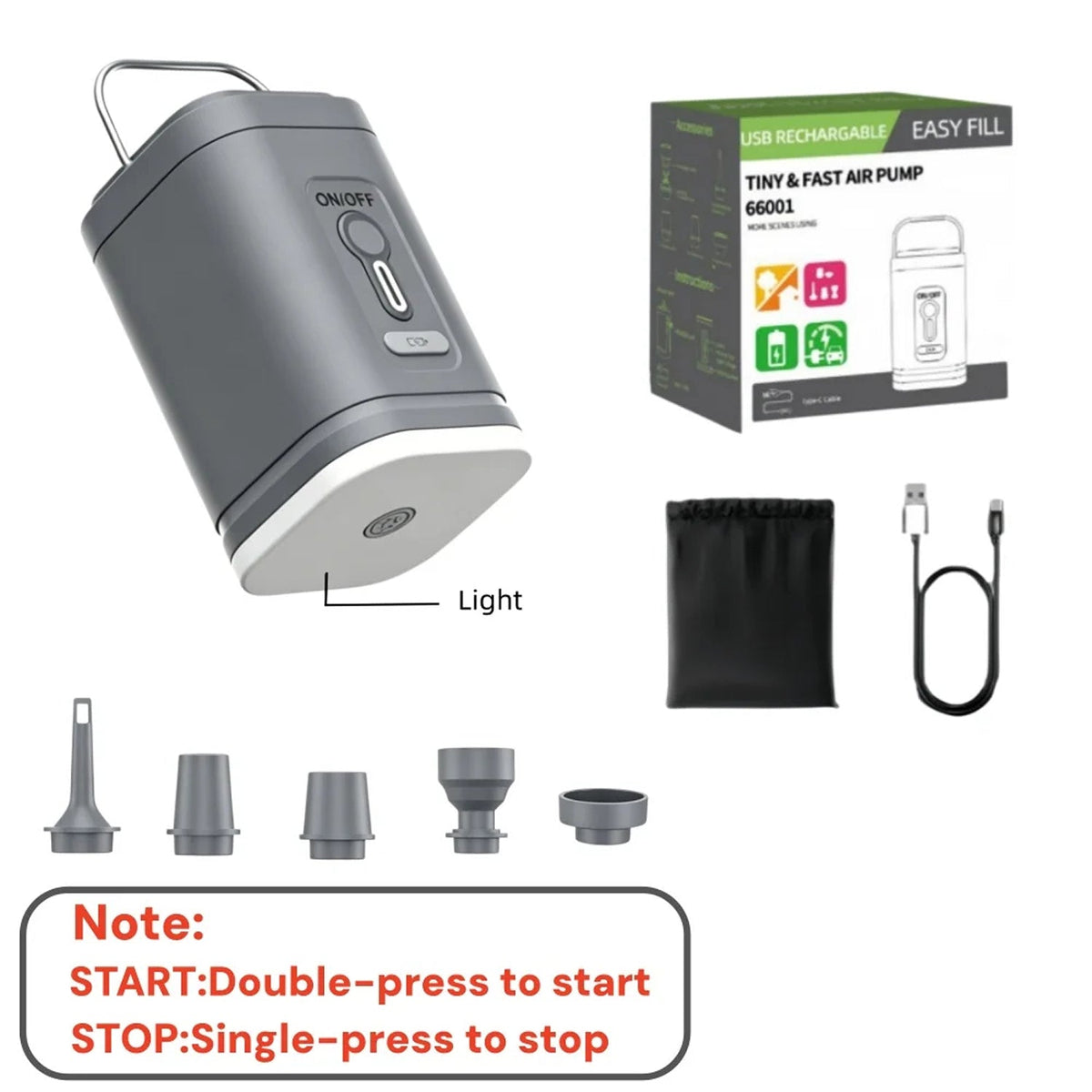 A compact gray and white AiroFilli Ultra-Compact 3-in-1 Air Pump  with a metal handle, shown alongside its retail box, a black drawstring pouch, a USB charging cable, several nozzle attachments, and a usage note on a plain white background.