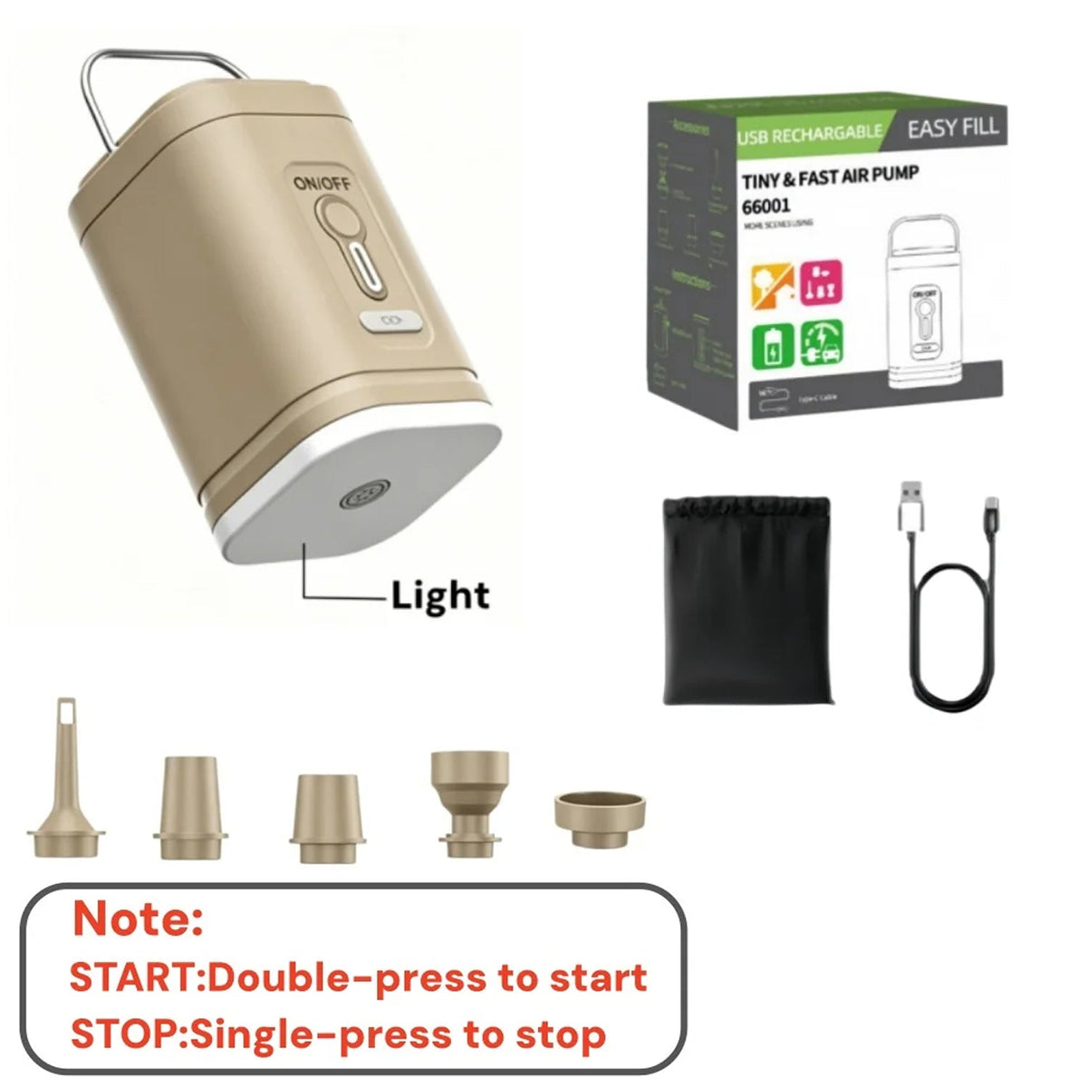 A mAiroFilli Ultra-Compact 3-in-1 Air Pump kit shown on a white background, including the main pump unit, its retail box, a black drawstring pouch, a USB charging cable, several nozzle attachments, and a start/stop instruction note.