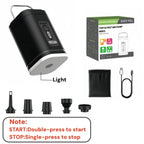 Black and silver AiroFilli Ultra-Compact 3-in-1 Air Pump with multiple nozzle attachments, a black drawstring pouch, a USB charging cable, and its retail packaging box on a white background.