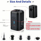 AiroFilli Ultra-Compact 3-in-1 Air Pump size and detail diagram showing a AiroFilli Ultra-Compact 3-in-1 Air Pump  with labeled parts, dimensions, and accessory tip sizes on a white background.