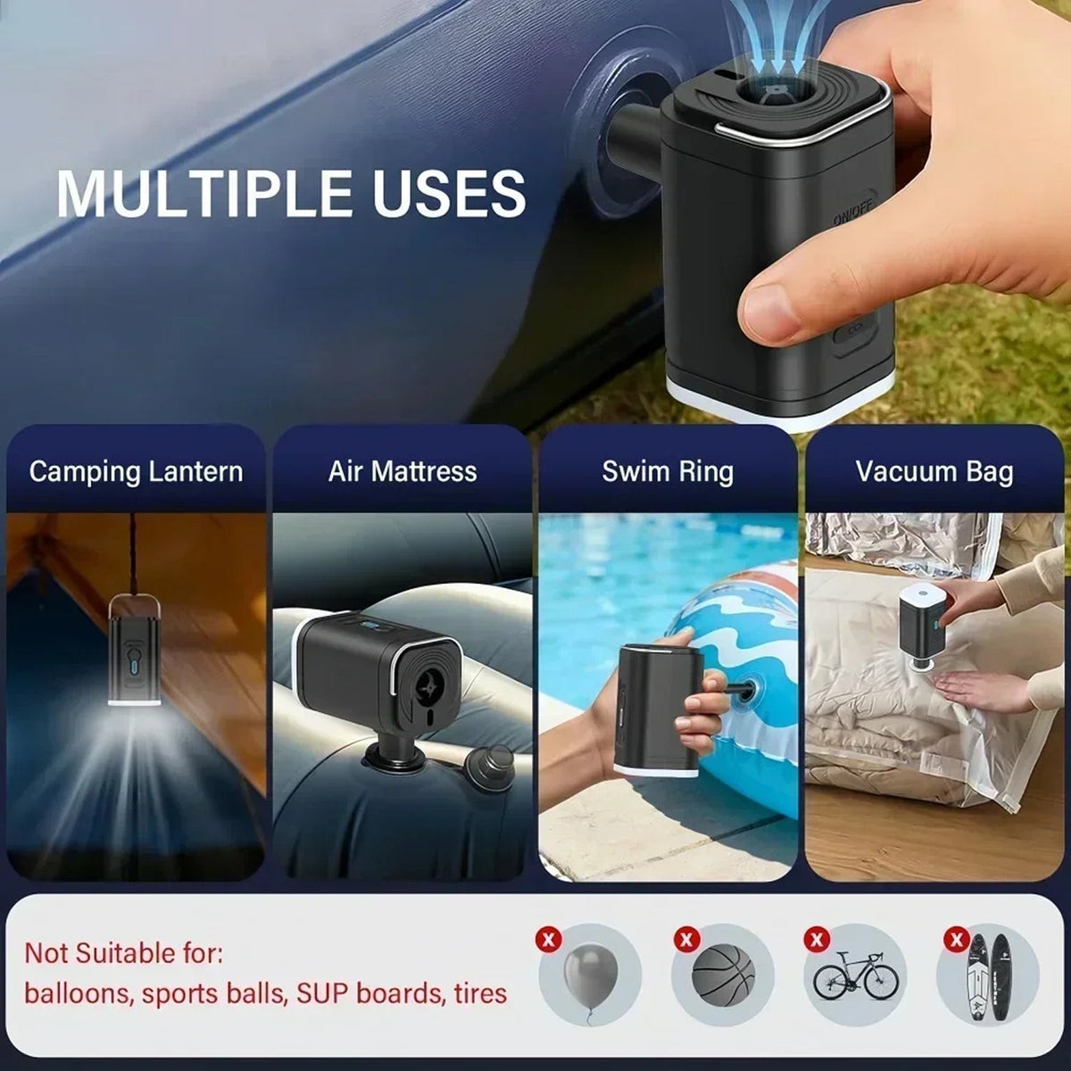 Hand using AiroFilli Ultra-Compact 3-in-1 Air Pump with multiple uses displayed on screen