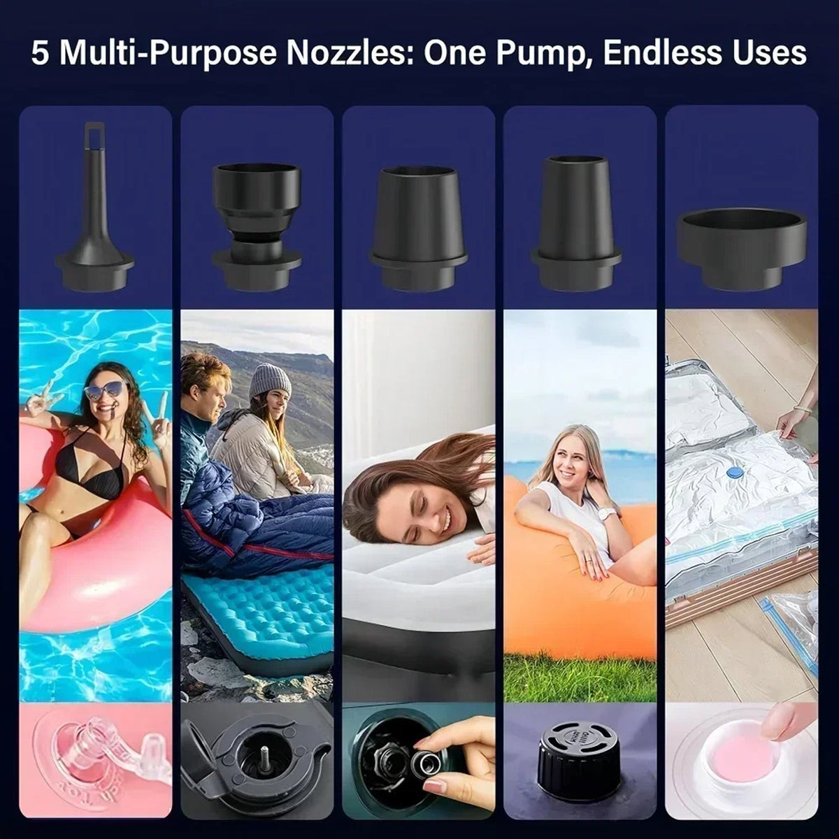 Set of five multi-purpose nozzles for the AiroFilli Ultra-Compact 3-in-1 Air Pump with images showing their use in various scenarios on a blue background.
