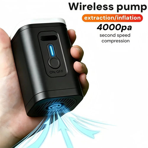 Hand holding a AiroFilli Ultra-Compact 3-in-1 Air Pump with blue light and text indicating features on a white background