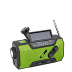 Green and black AlerSkyo Battery Radio with solar panel on a dark background