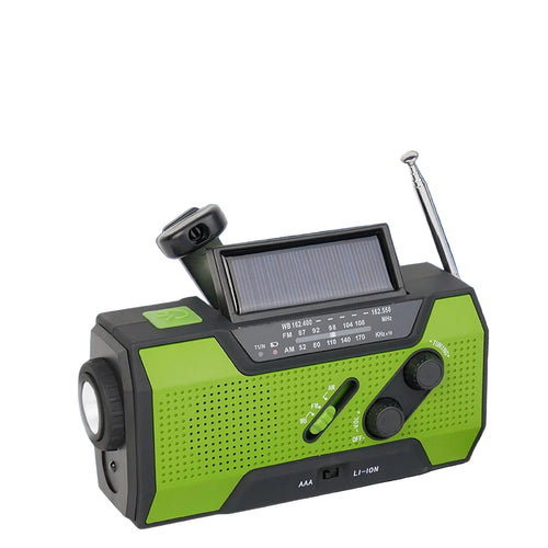 Green and black AlerSkyo Battery Radio with solar panel on a dark background